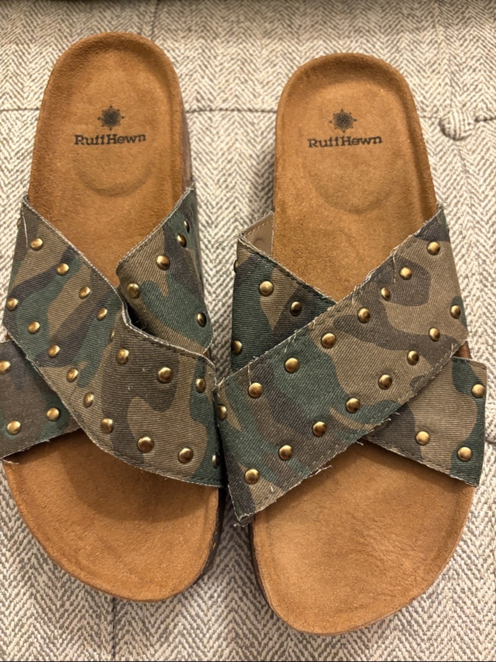 Ruff Hewn Kids Camo Cross-Stud Slide Sandals - Brown Green